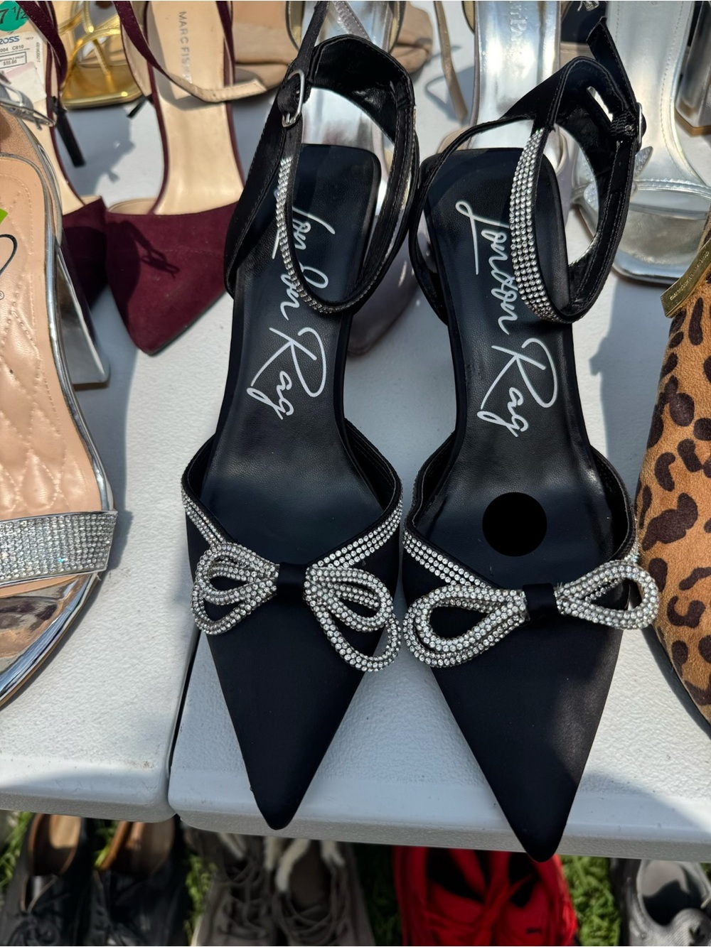Black Pointed Bow Ankle-Strap Heels